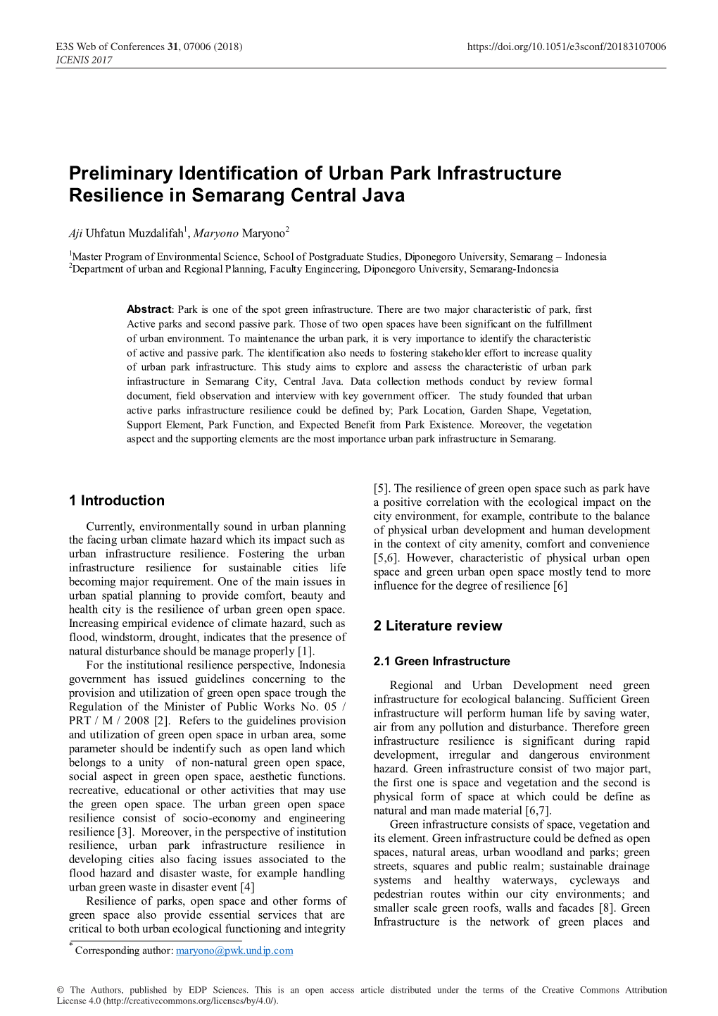 Preliminary Identification of Urban Park Infrastructure Resilience in Semarang Central Java