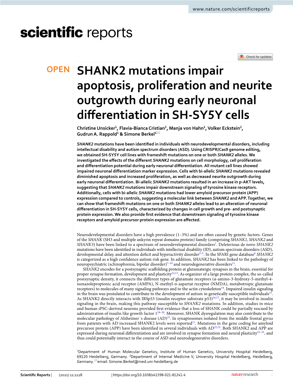 SHANK2 Mutations Impair Apoptosis, Proliferation and Neurite Outgrowth