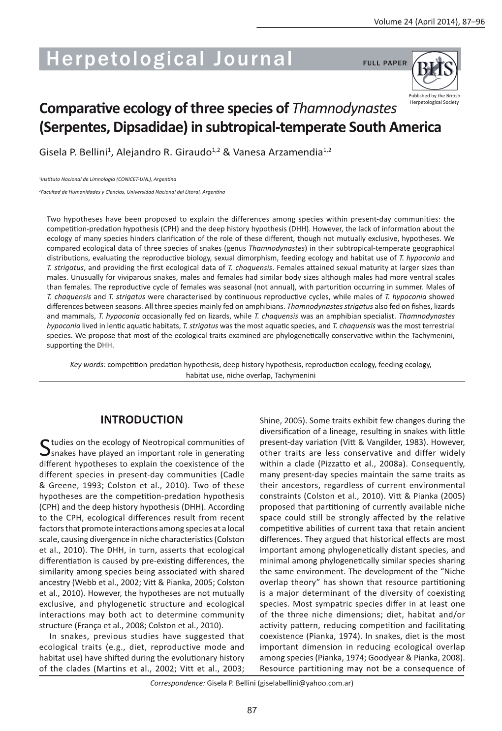 Comparative Ecology of Three Species of Thamnodynastes (Serpentes