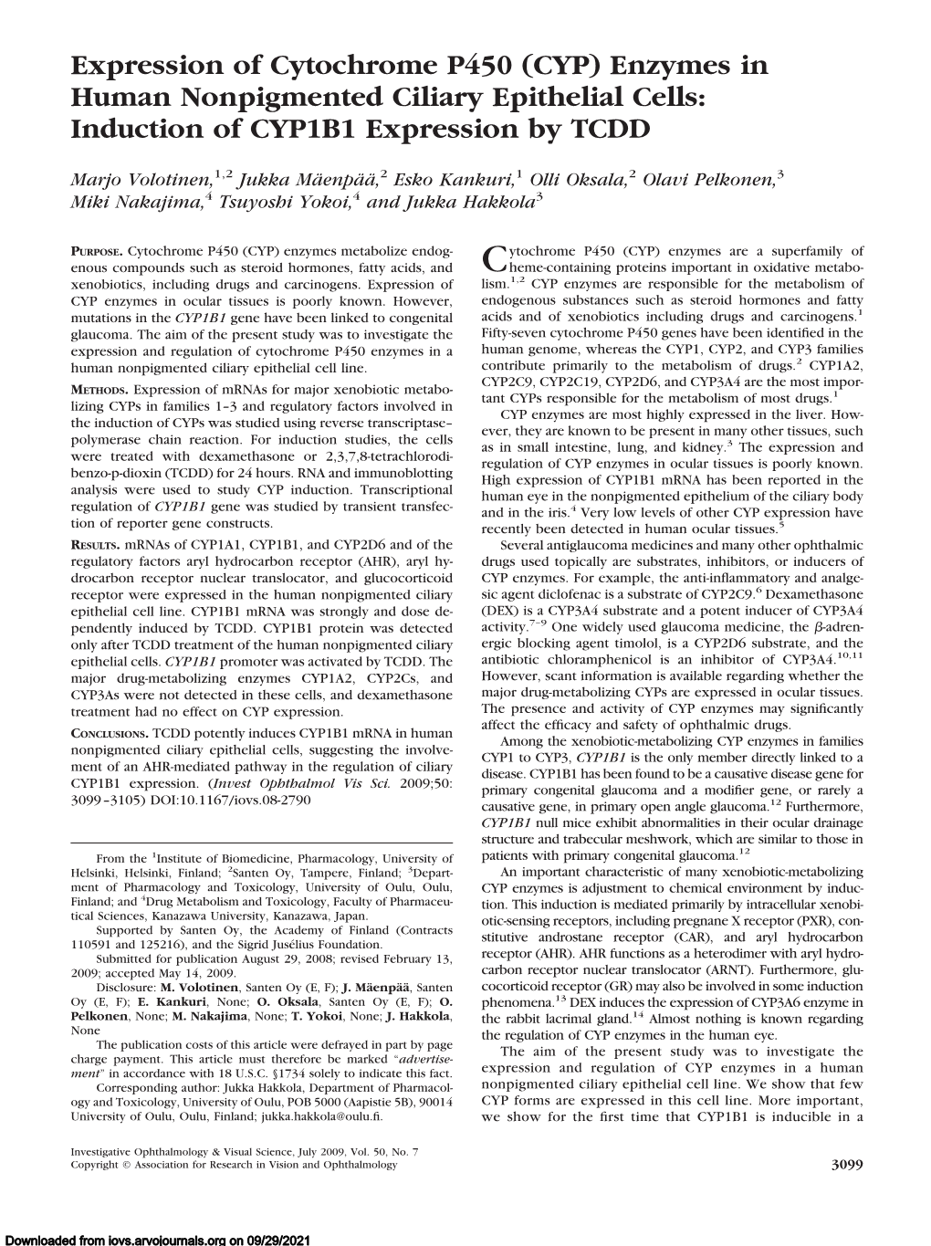 Expression of Cytochrome P450 (CYP) Enzymes in Human Nonpigmented Ciliary Epithelial Cells: Induction of CYP1B1 Expression by TCDD