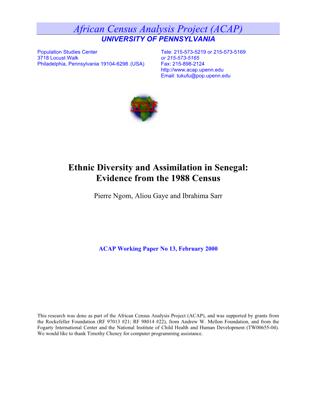 Ethnic Diversity and Assimilation in Senegal: Evidence from the 1988 Census