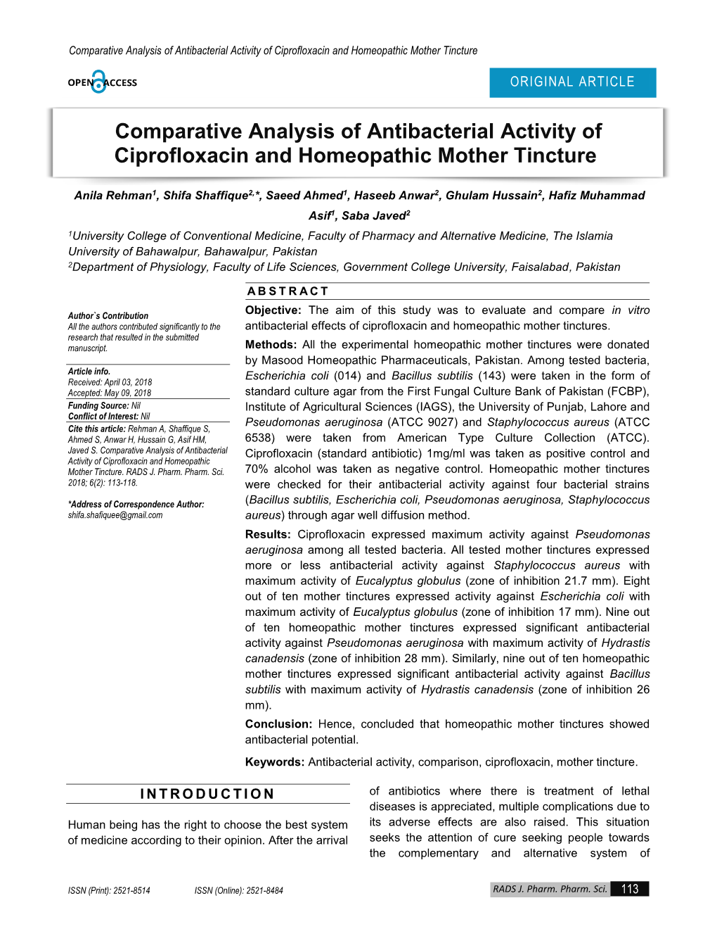 Comparative Analysis of Antibacterial Activity of Ciprofloxacin and Homeopathic Mother Tincture