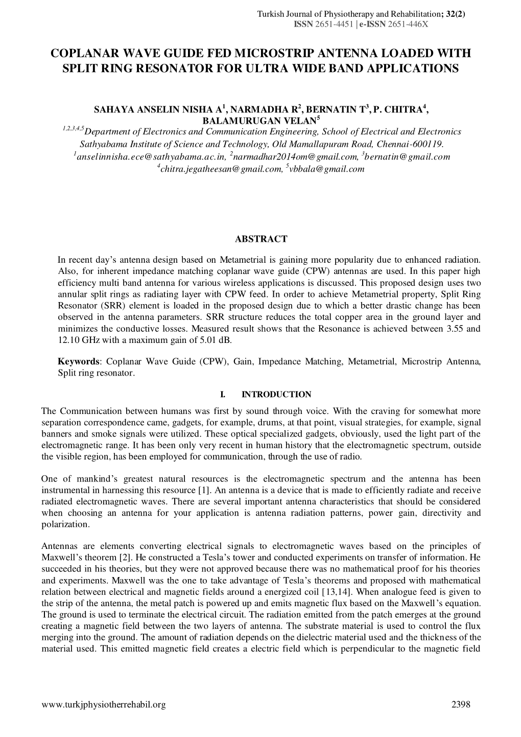 Coplanar Wave Guide Fed Microstrip Antenna Loaded with Split Ring Resonator for Ultra Wide Band Applications