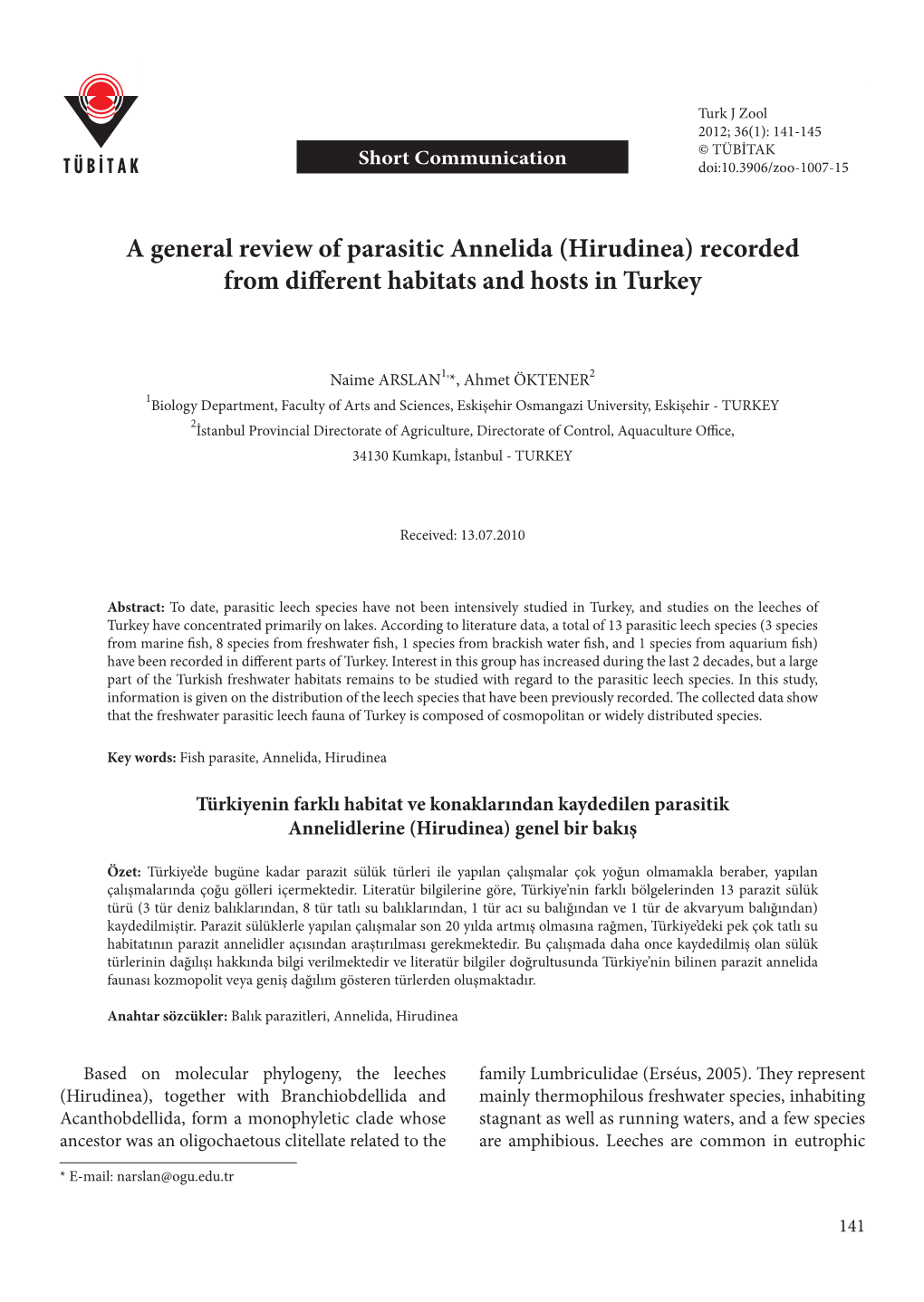 A General Review of Parasitic Annelida (Hirudinea) Recorded from Diff Erent Habitats and Hosts in Turkey