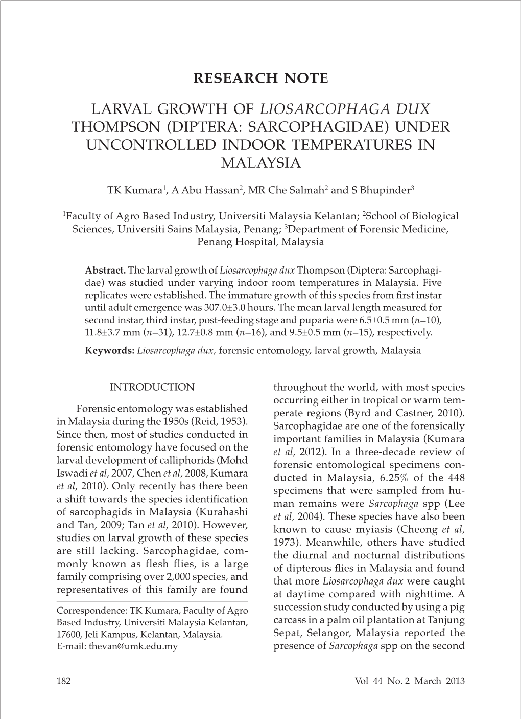 Diptera: Sarcophagidae) Under Uncontrolled Indoor Temperatures in Malaysia