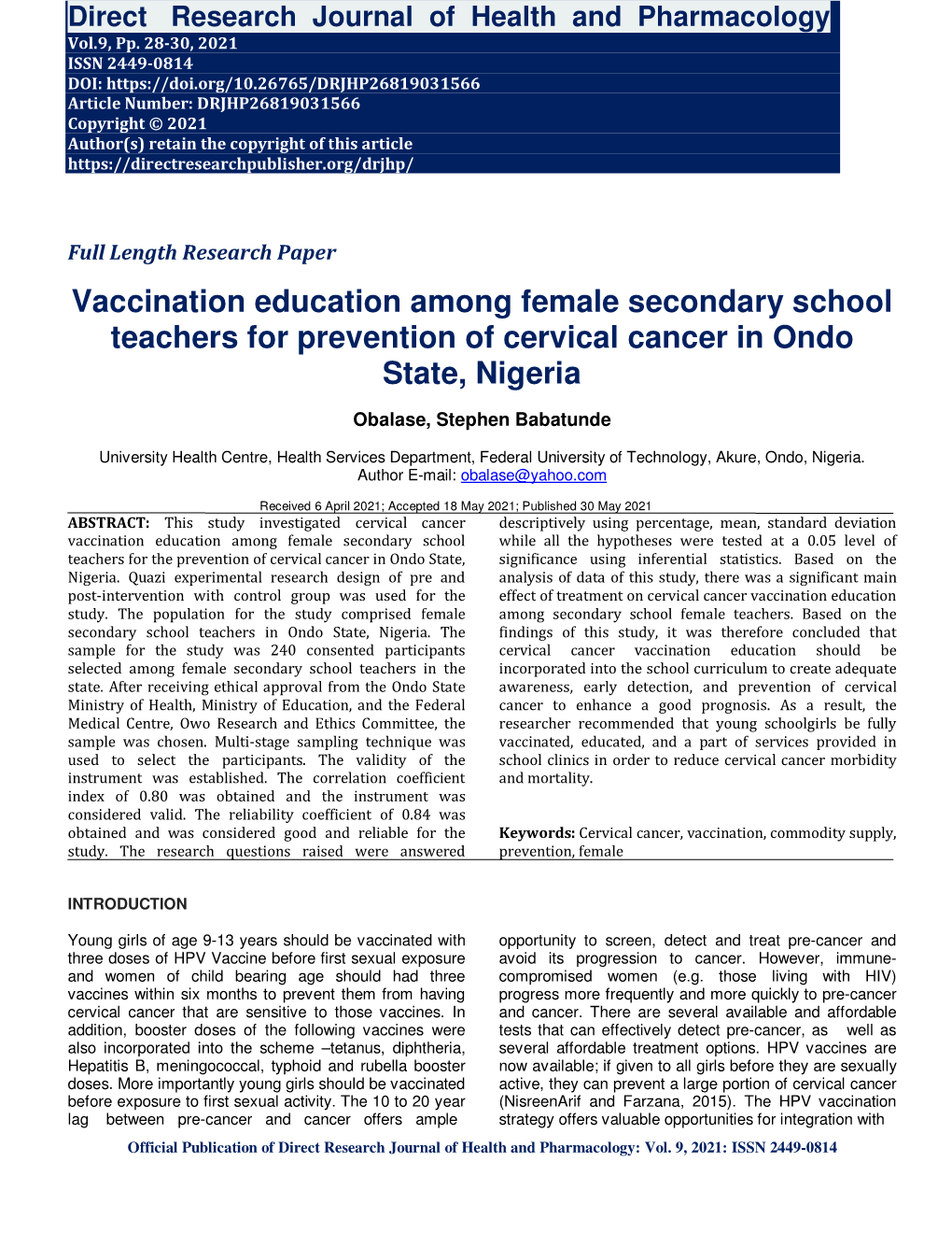 Vaccination Education Among Female Secondary School Teachers for Prevention of Cervical Cancer in Ondo State, Nigeria
