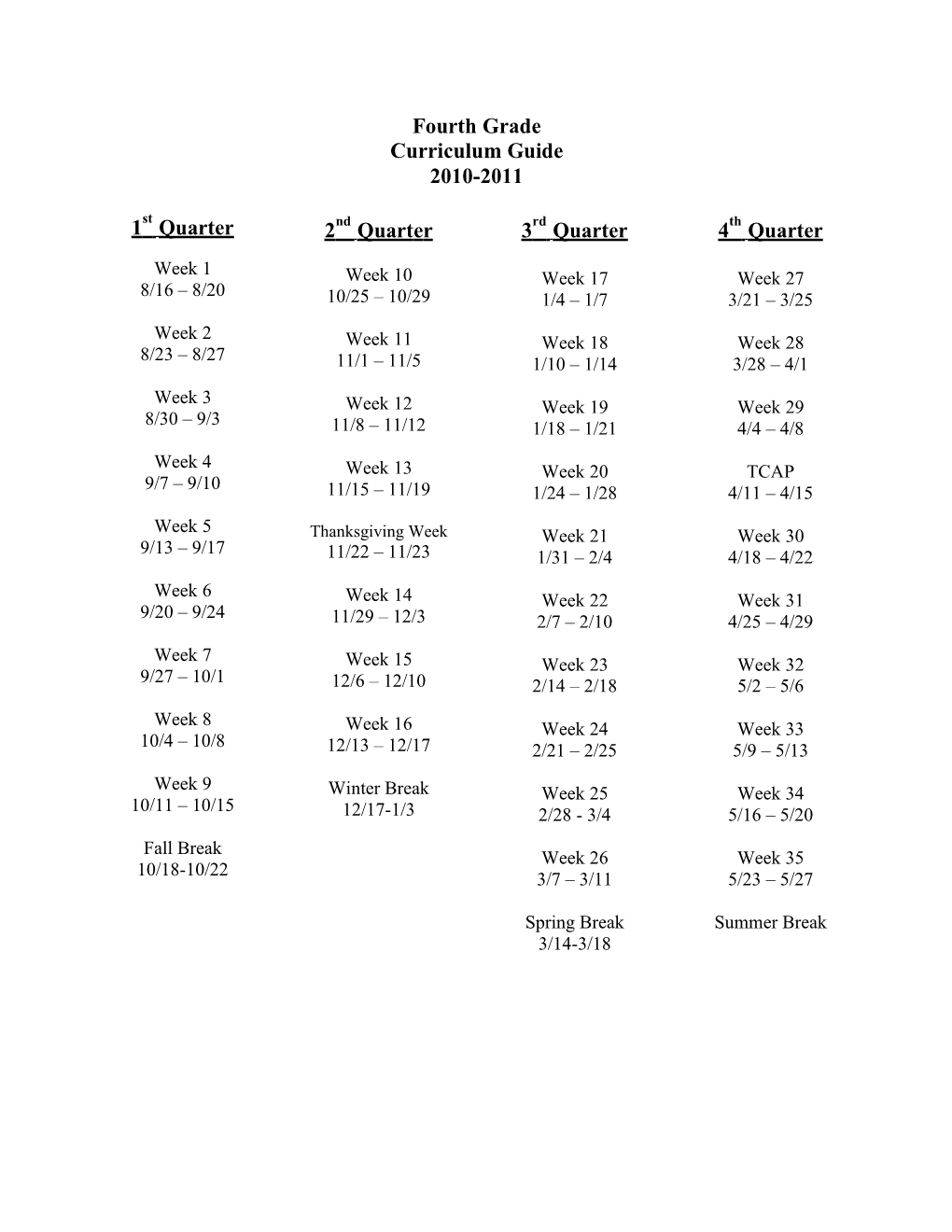 Fourth Grade Weekly Calendar