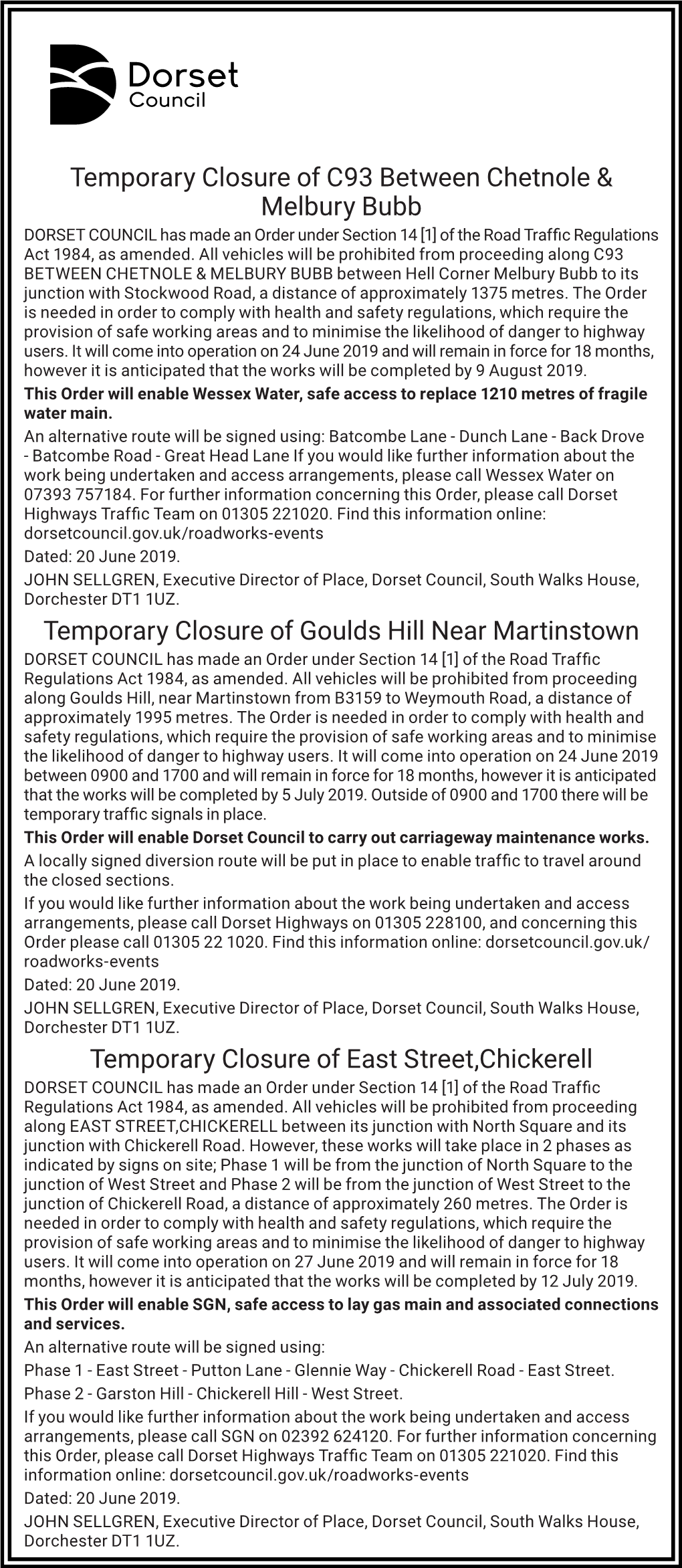 Temporary Closure of C93 Between Chetnole & Melbury Bubb