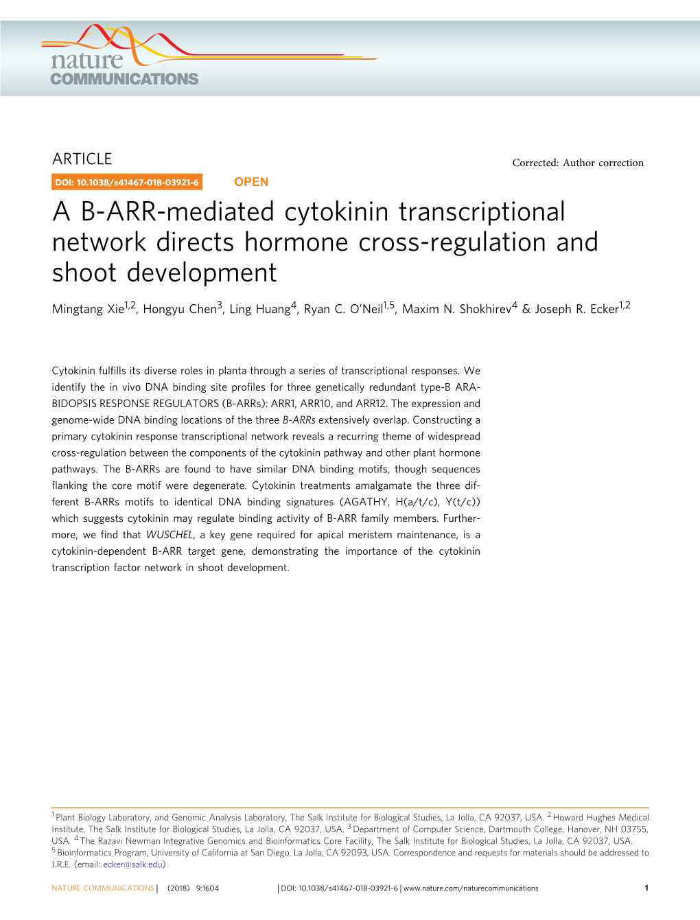 A B-ARR-Mediated Cytokinin Transcriptional Network Directs Hormone Cross-Regulation and Shoot Development