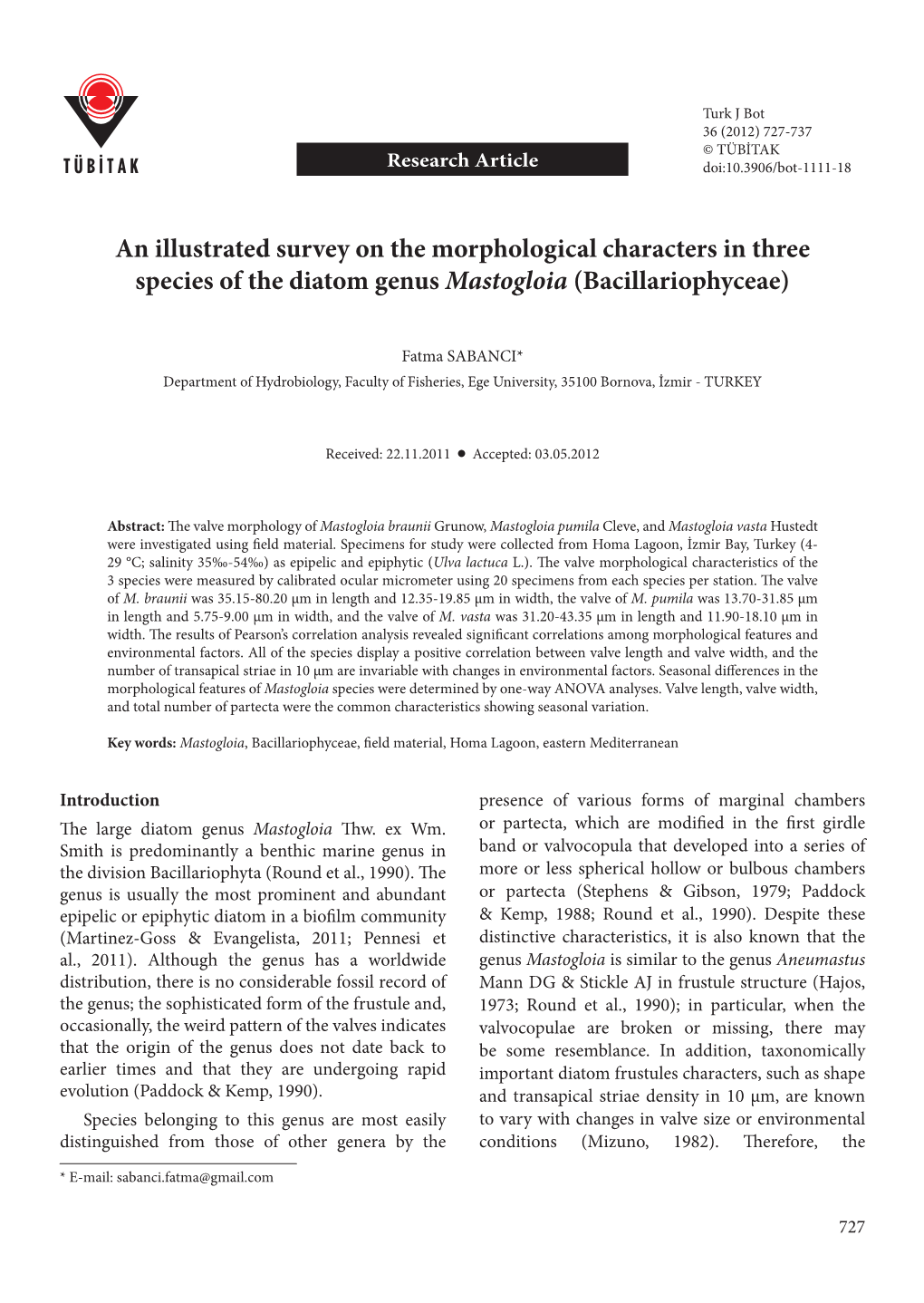 An Illustrated Survey on the Morphological Characters in Three Species of the Diatom Genus Mastogloia (Bacillariophyceae)