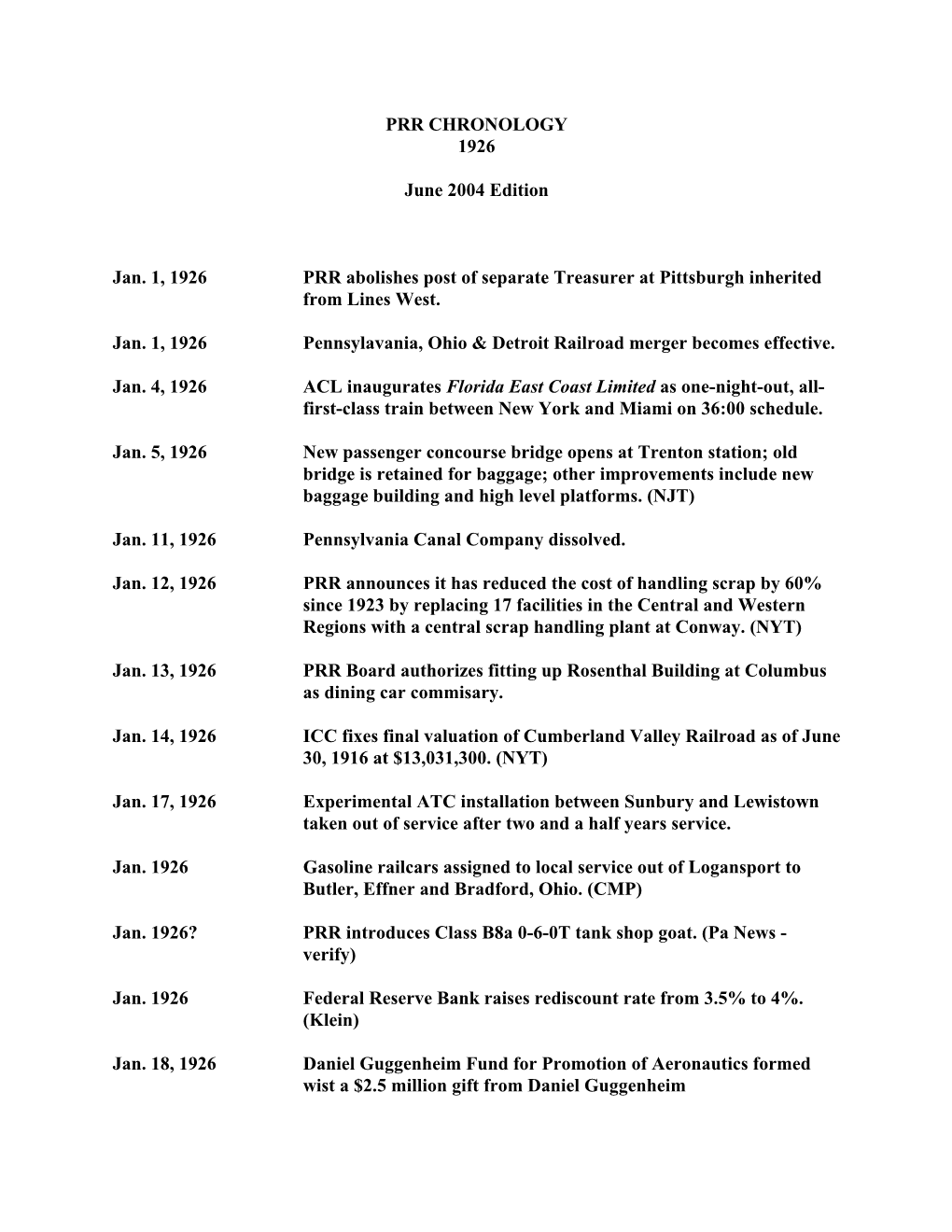 PRR CHRONOLOGY 1926 June 2004 Edition Jan. 1, 1926 PRR