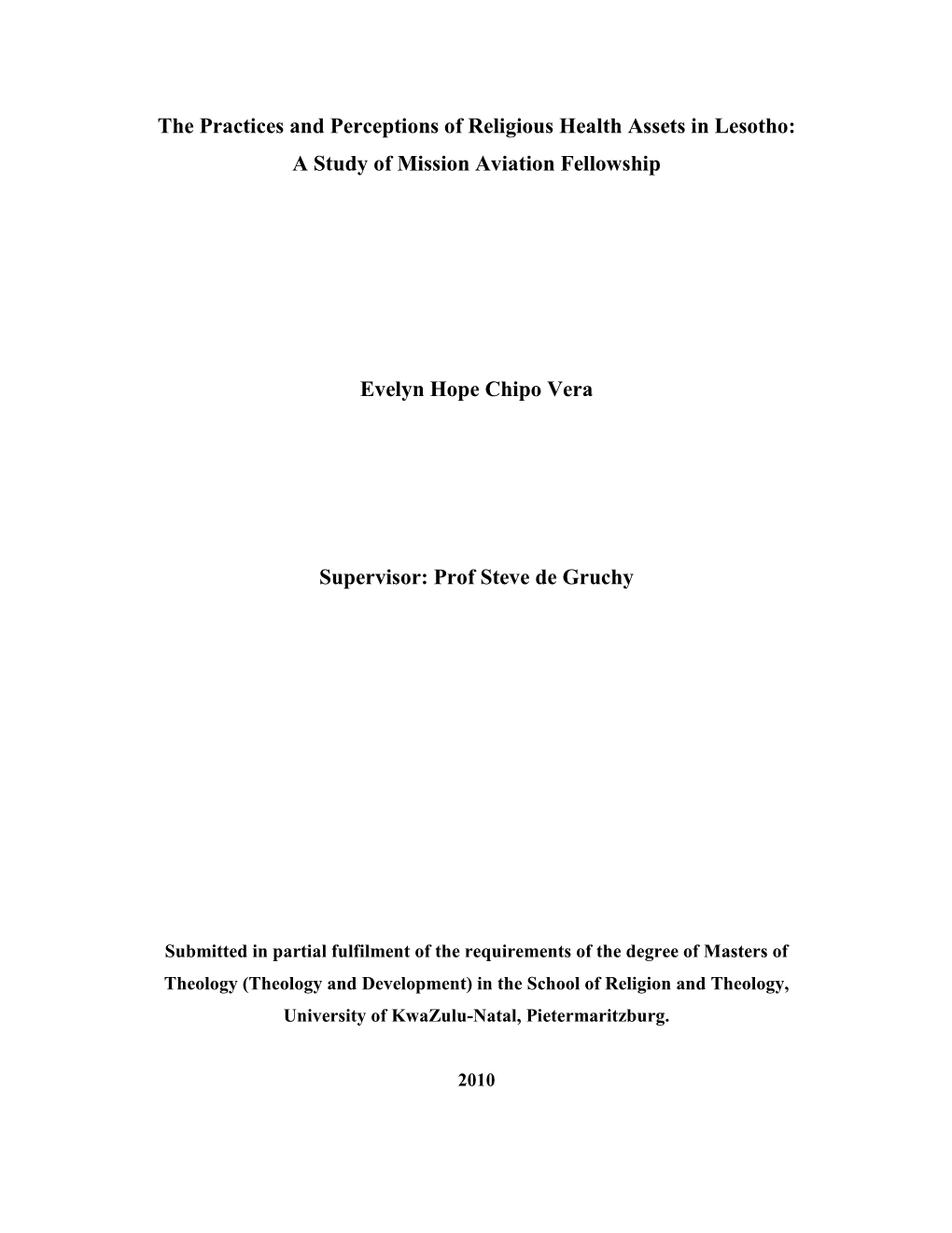 The Practices and Perceptions of Religious Health Assets in Lesotho: a Study of Mission Aviation Fellowship