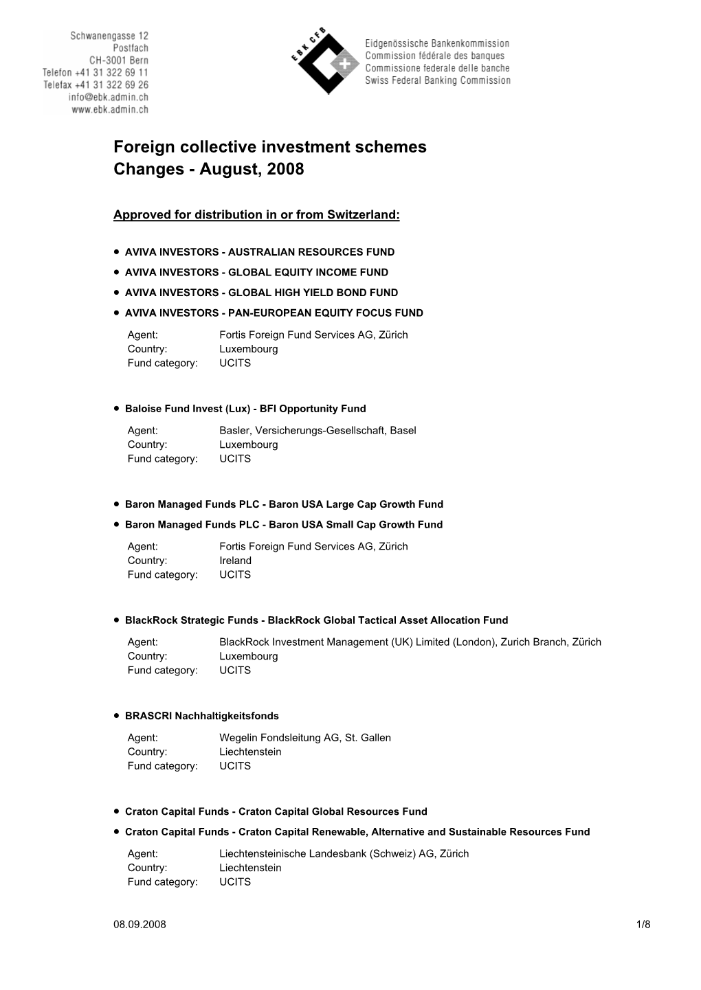 Foreign Collective Investment Schemes Changes - August, 2008