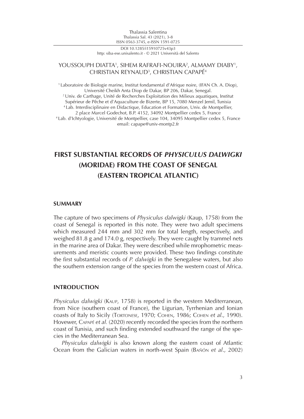 First Substantial Records of Physiculus Dalwigki (Moridae) from the Coast of Senegal (Eastern Tropical Atlantic)