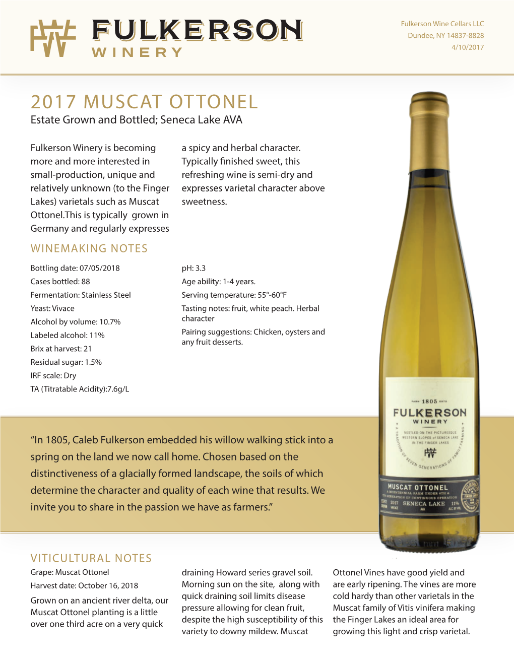 2017 MUSCAT OTTONEL Estate Grown and Bottled; Seneca Lake AVA