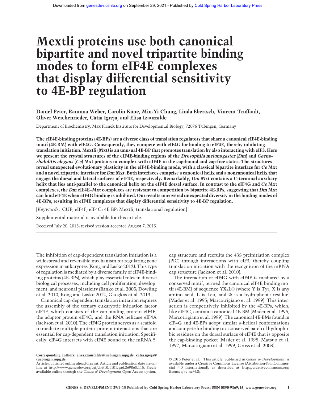 Mextli Proteins Use Both Canonical Bipartite and Novel Tripartite Binding Modes to Form Eif4e Complexes That Display Differential Sensitivity to 4E-BP Regulation