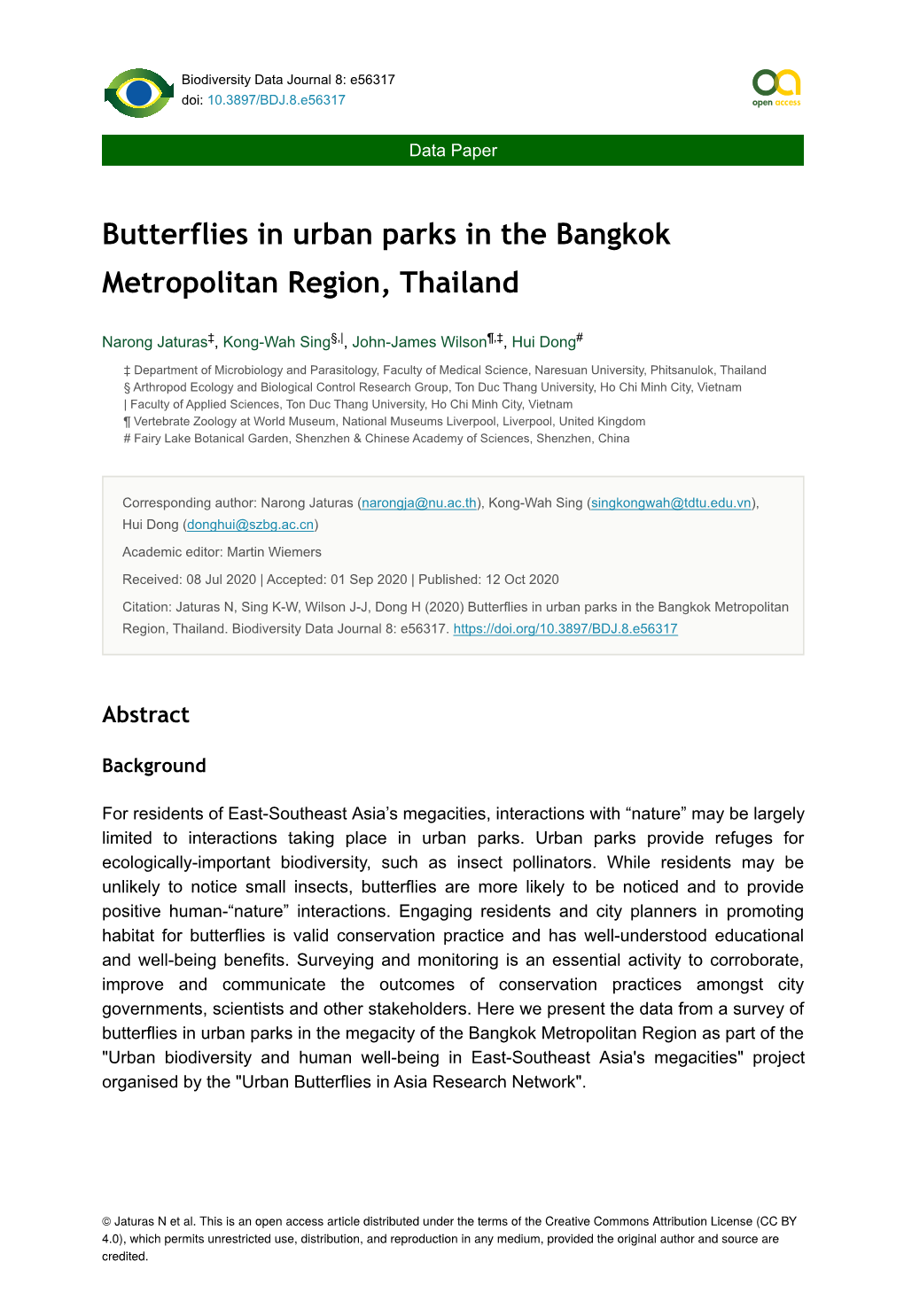 Butterflies in Urban Parks in the Bangkok Metropolitan Region, Thailand