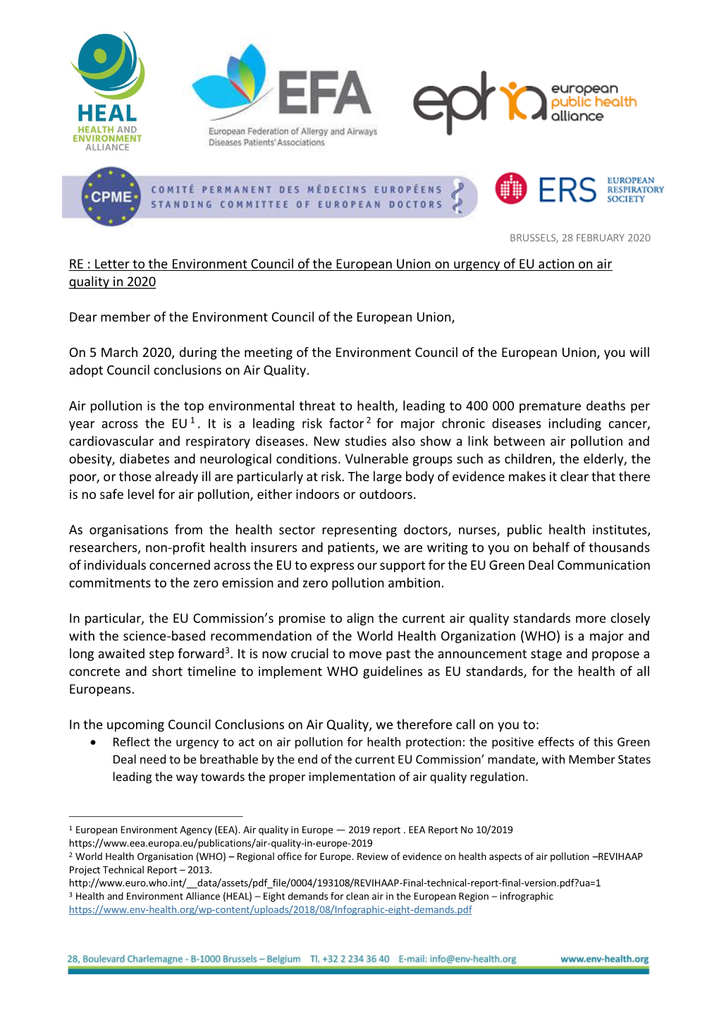 RE : Letter to the Environment Council of the European Union on Urgency of EU Action on Air Quality in 2020