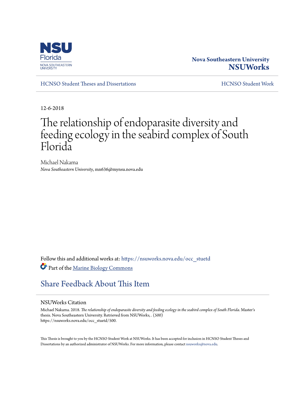 The Relationship of Endoparasite Diversity and Feeding Ecology in the Seabird Complex of South Florida