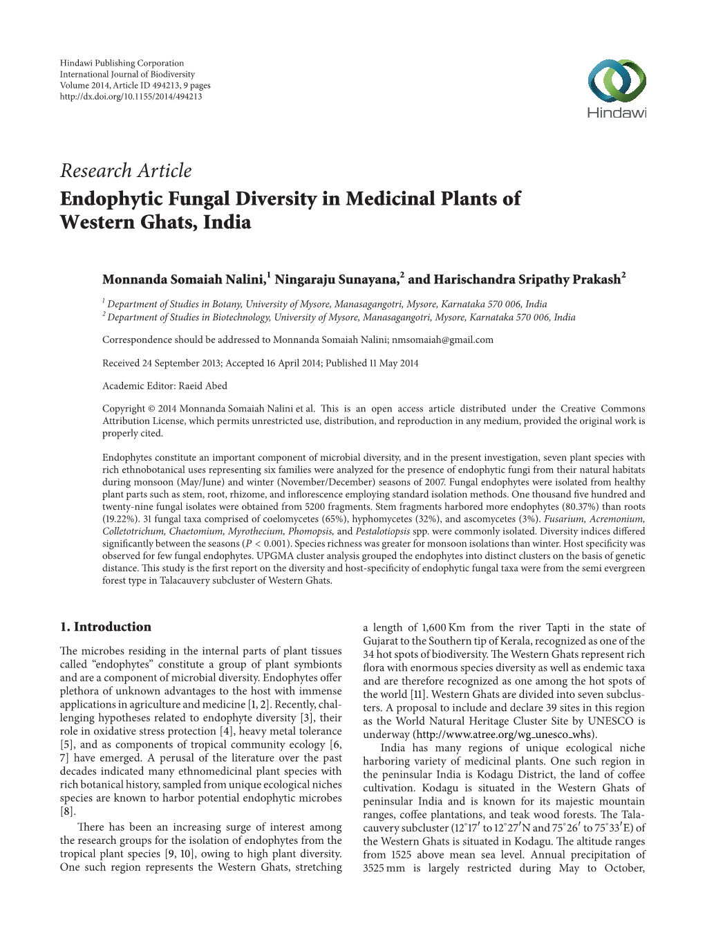 Research Article Endophytic Fungal Diversity in Medicinal Plants of Western Ghats, India