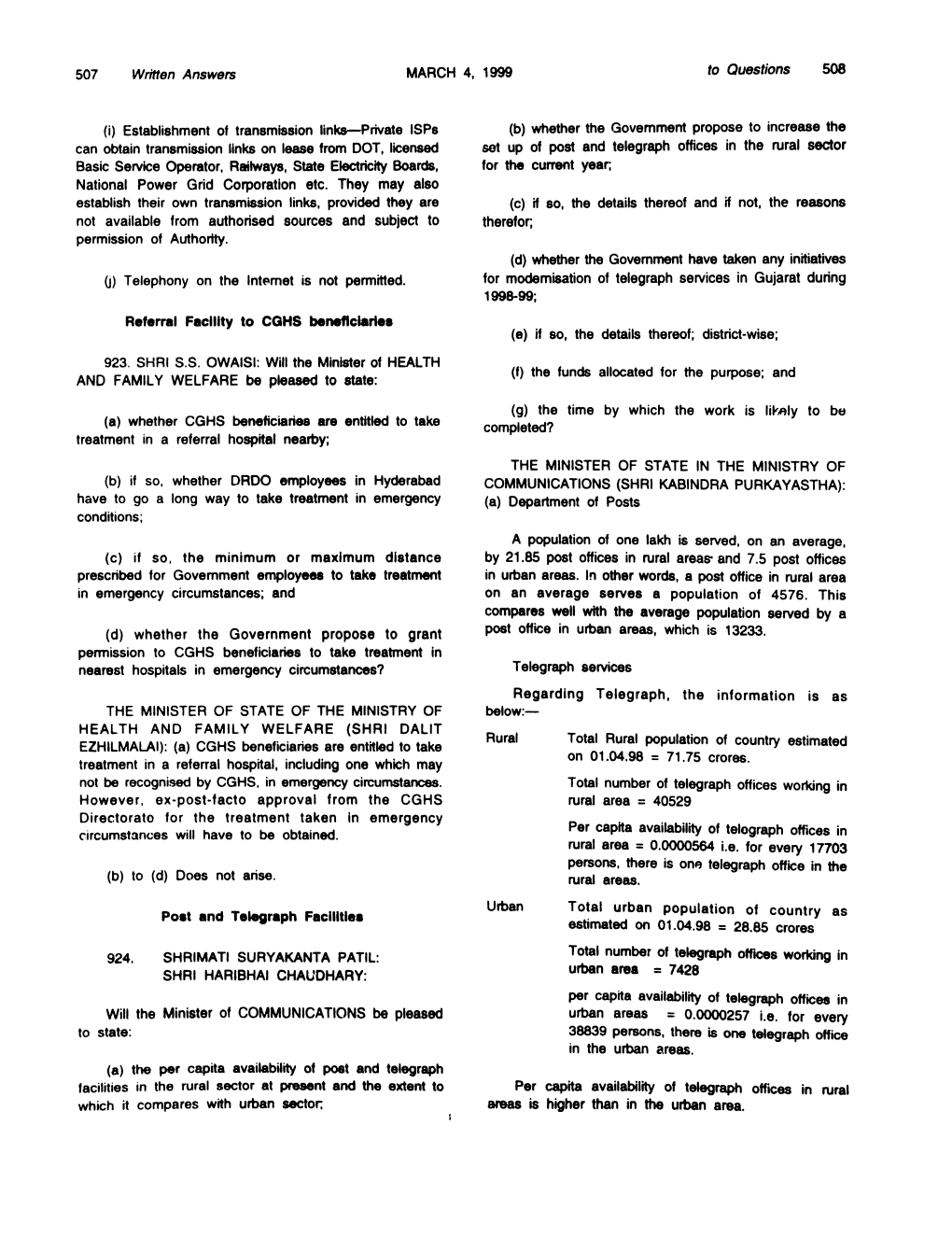 Written Answers to Questions 508 Boards, Referral Facility to CGHS Beneficiaries Post and Telegraph Facilities 1998-99;