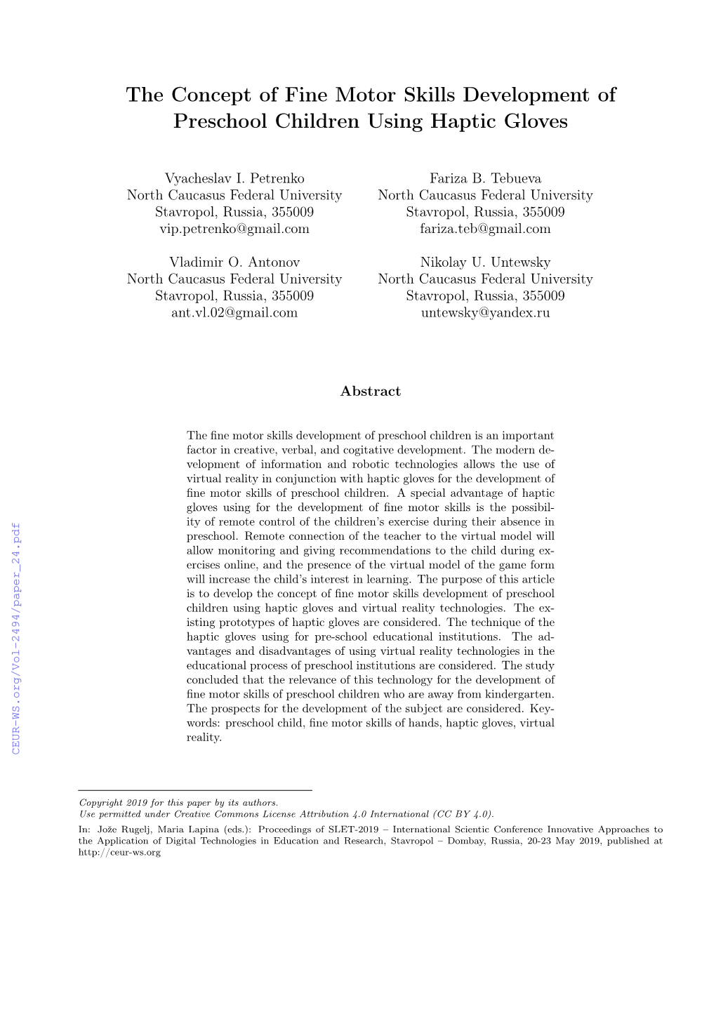 The Concept of Fine Motor Skills Development of Preschool Children Using Haptic Gloves