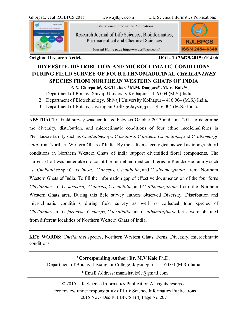 Diversity, Distribution and Microclimatic Conditions During Field Survey of Four Ethnomadicinal Cheilanthes Species from Northern Western Ghats of India P