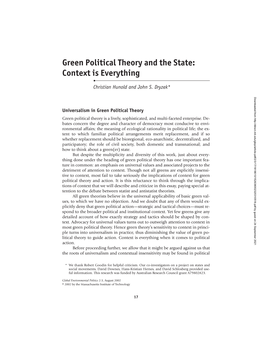 Green Political Theory and the State: Context Is Everything • Christian Hunold and John S