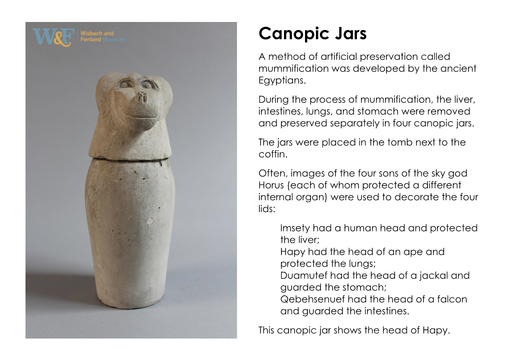 Canopic Jars a Method of Artificial Preservation Called Mummification Was Developed by the Ancient Egyptians