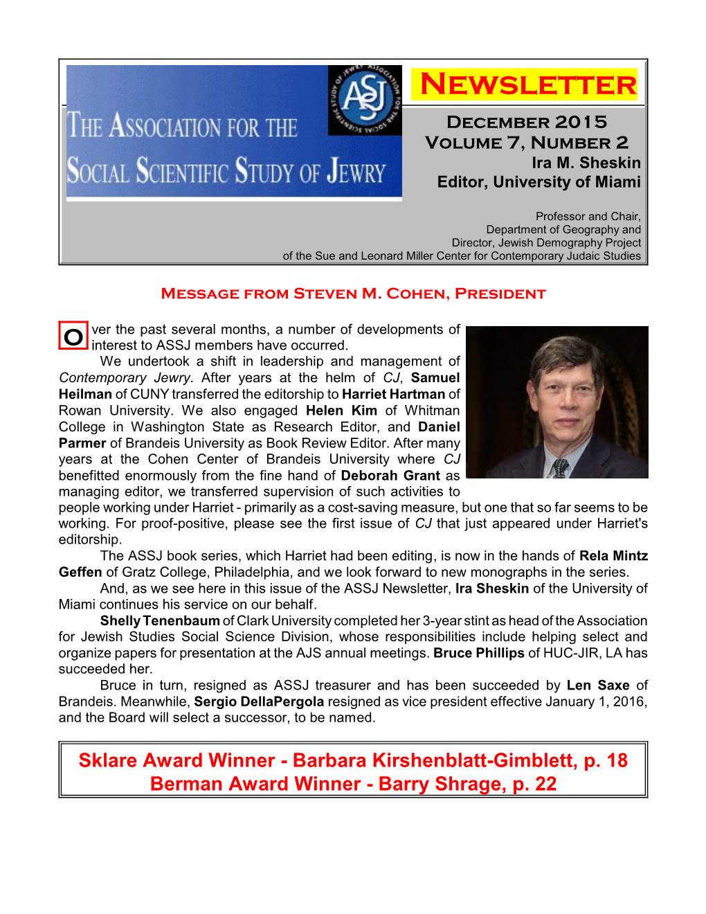 Newsletter December 2015 Volume 7, Number 2 Ira M