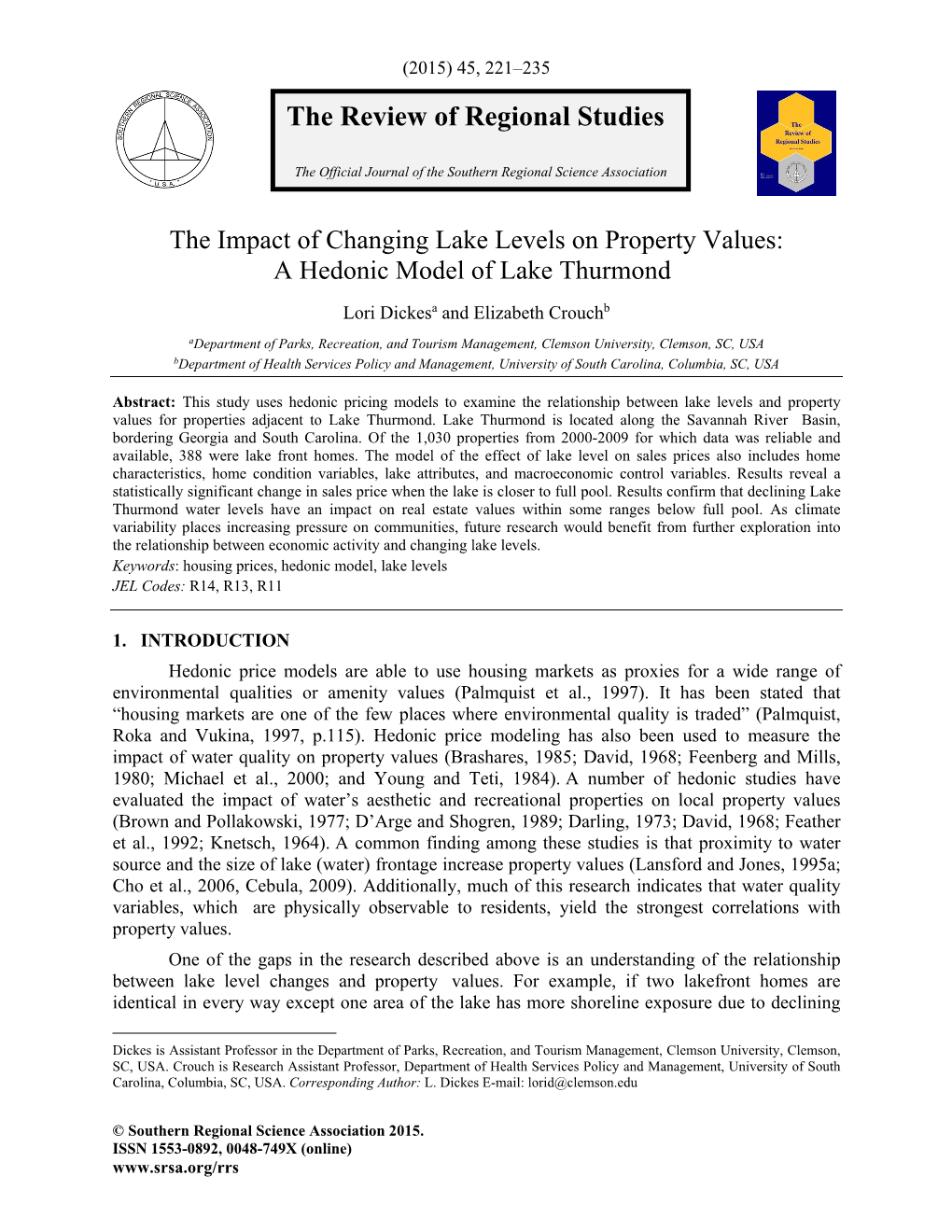 The Impact of Changing Lake Levels on Property Values a Hedonic Model of Lake Thurmond