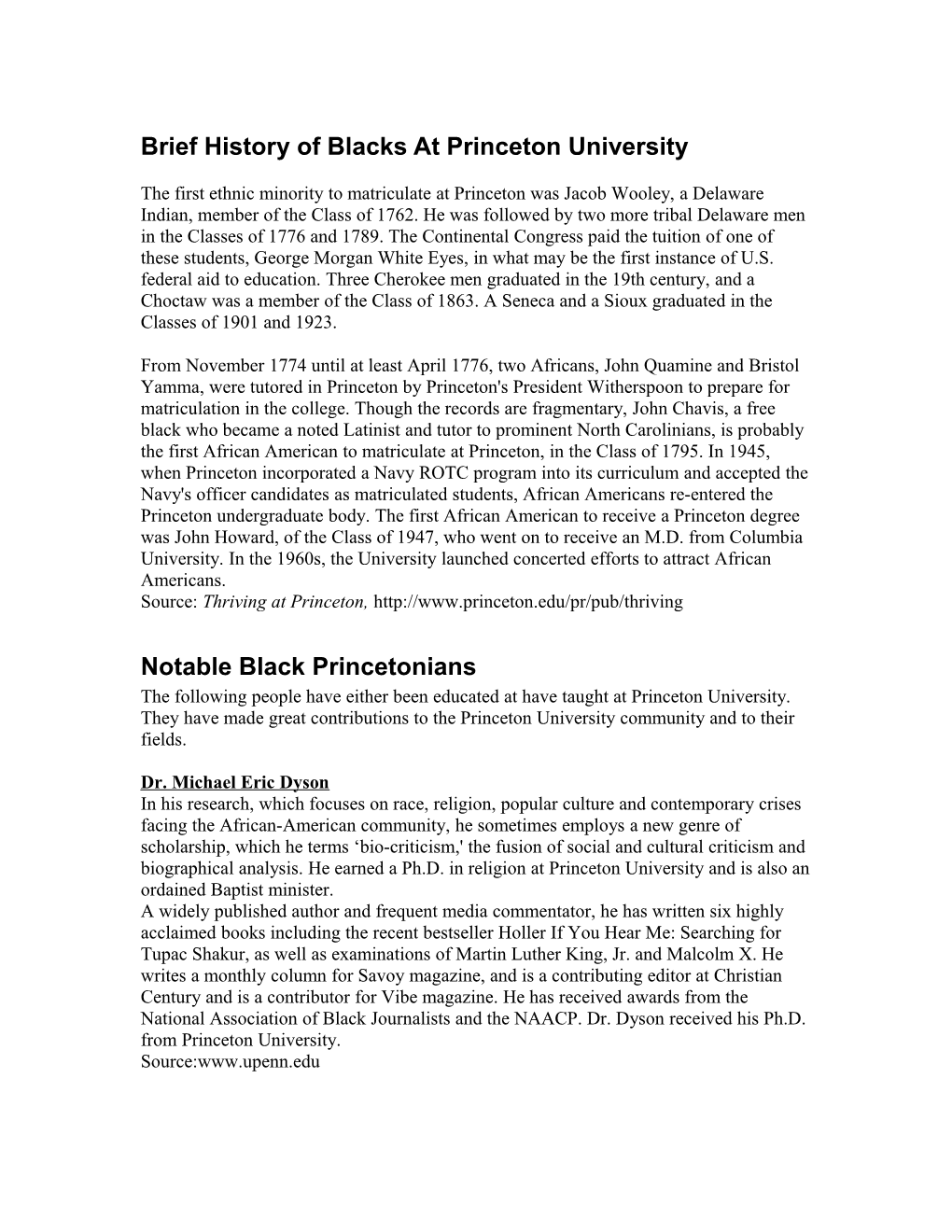 Breif History of Blacks at Princeton University