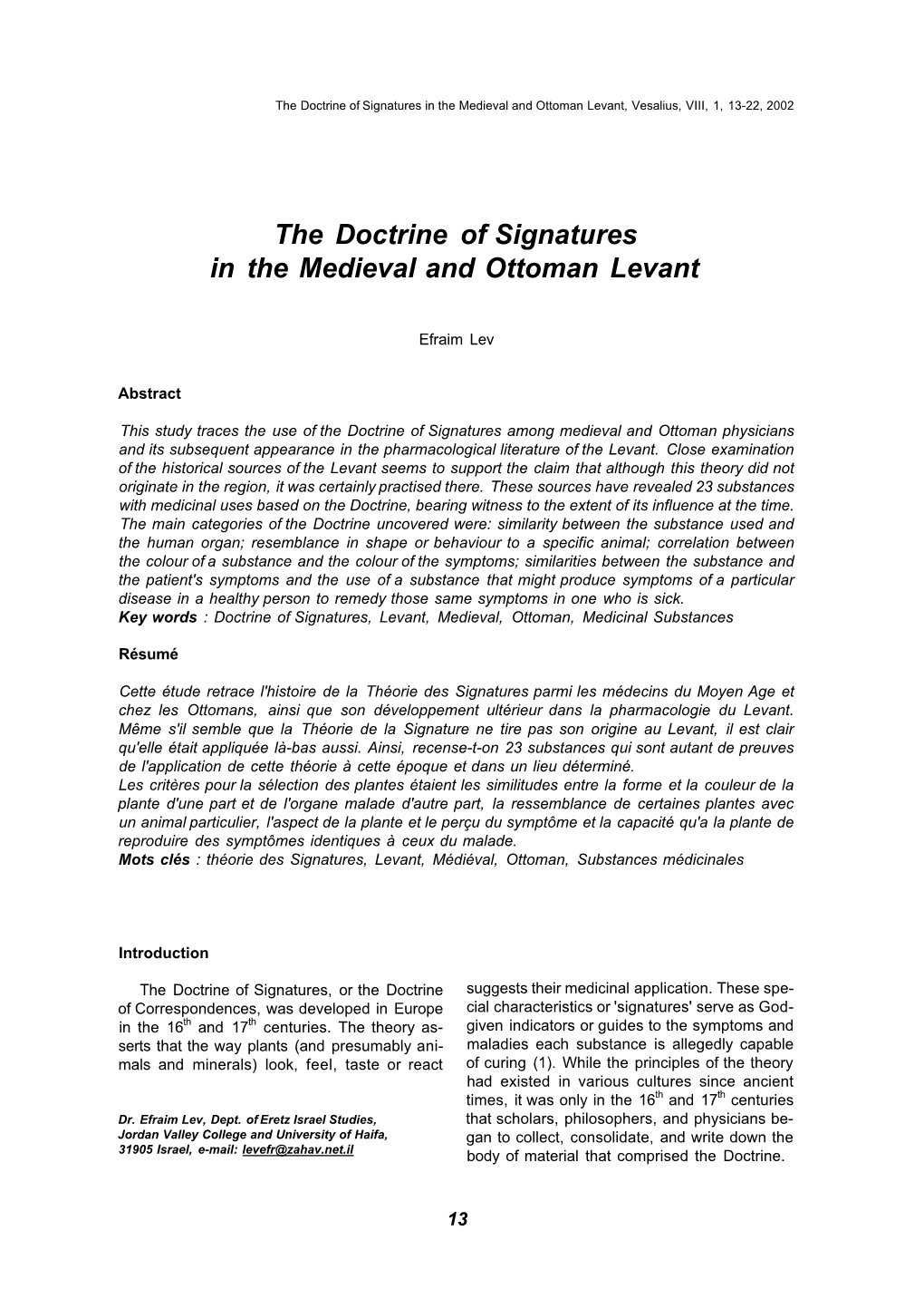 The Doctrine of Signatures in the Medieval and Ottoman Levant, Vesalius, VIII, 1, 13-22, 2002
