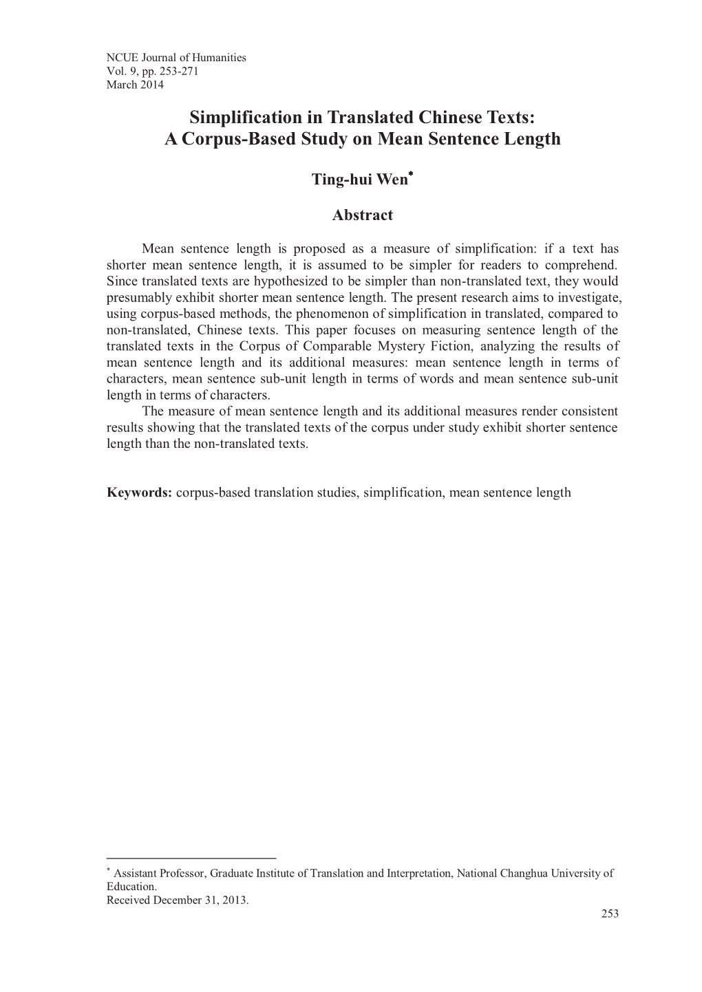 Simplification in Translated Chinese Texts: a Corpus-Based Study on Mean Sentence Length