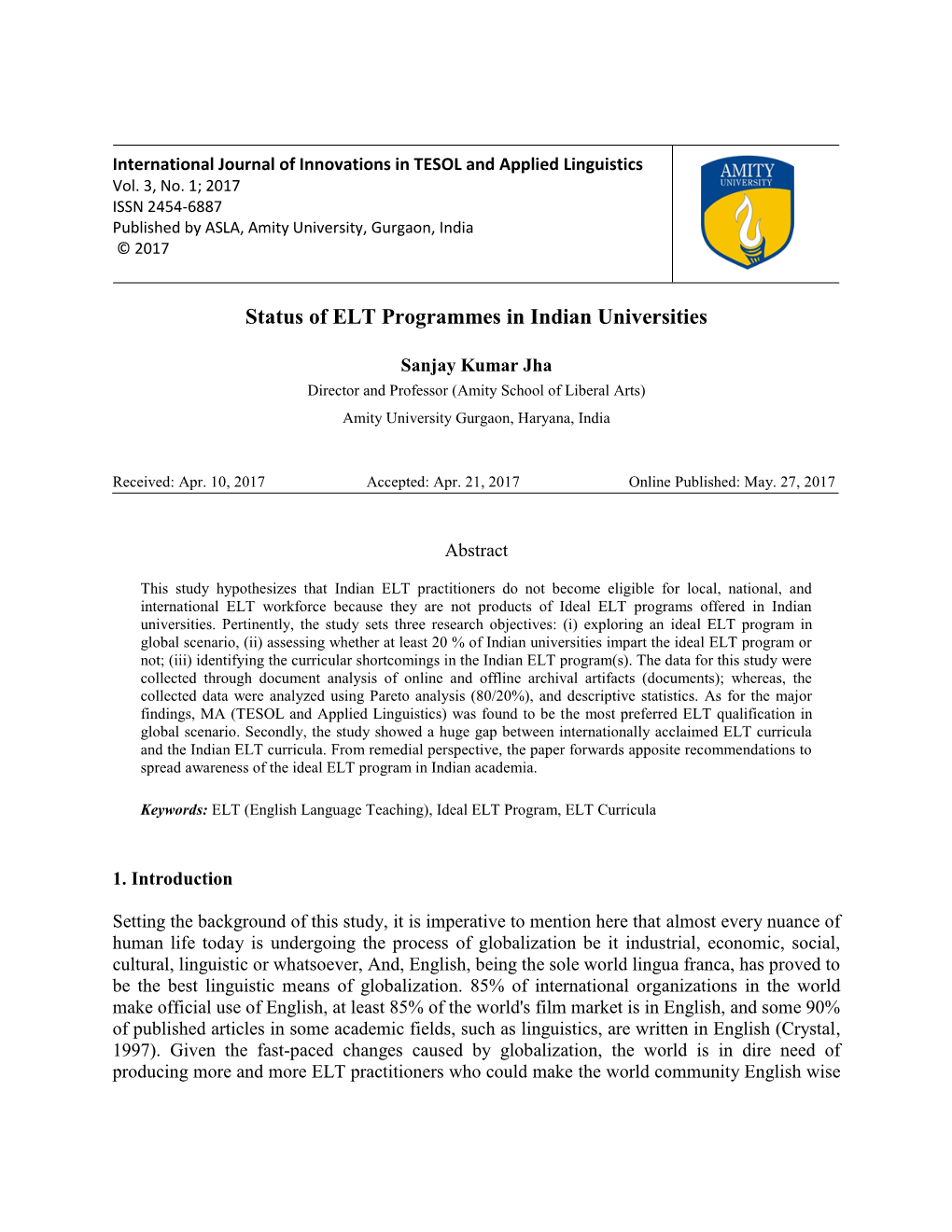 Status of ELT Programmes in Indian Universities