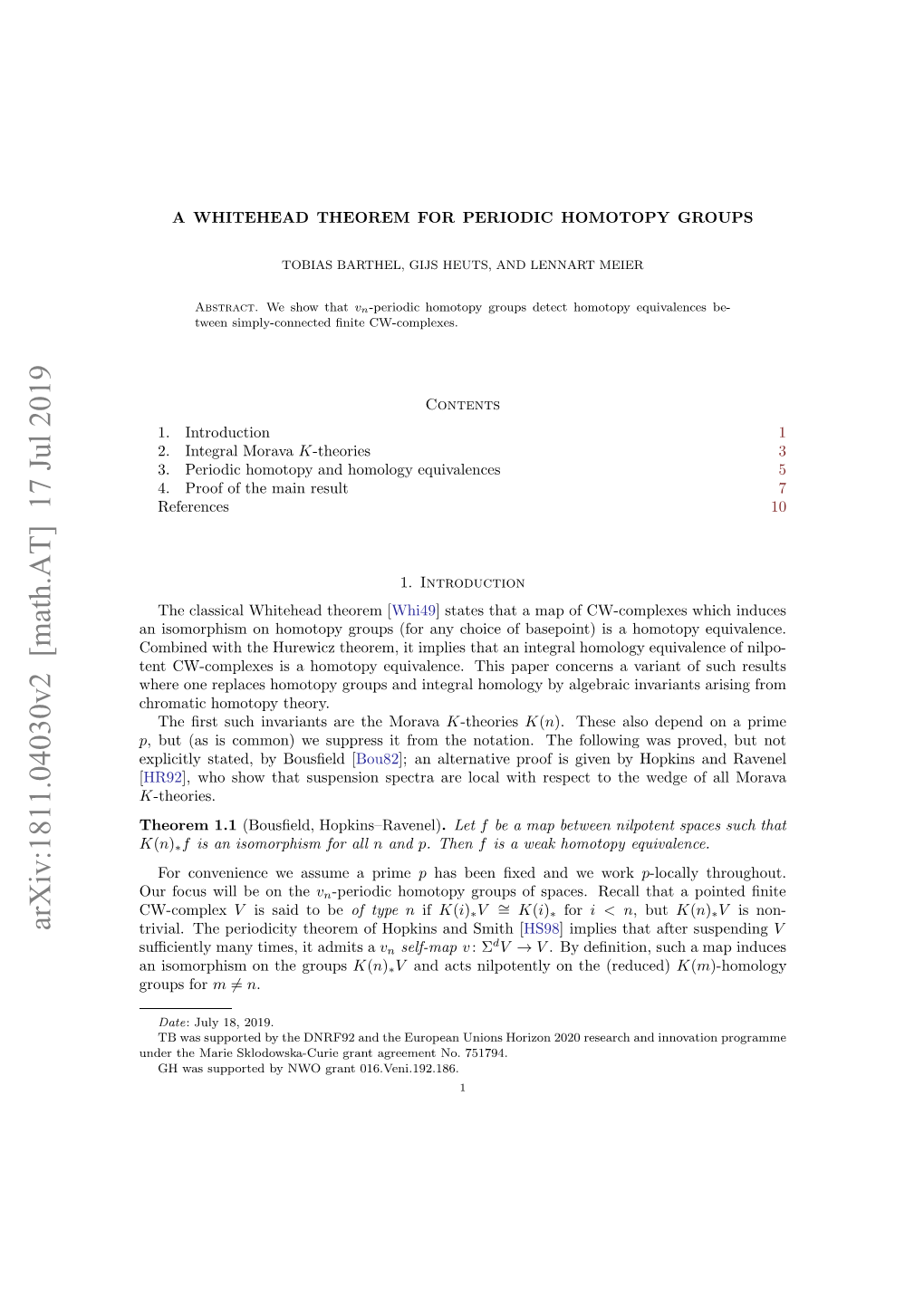 A Whitehead Theorem for Periodic Homotopy Groups 11