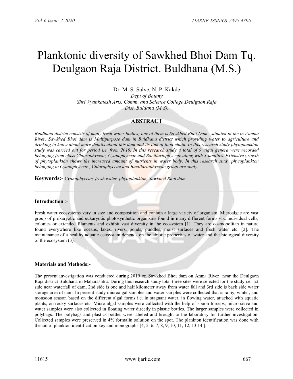 Planktonic Diversity of Sawkhed Bhoi Dam Tq. Deulgaon Raja District