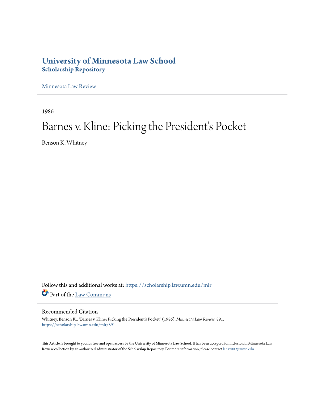 Barnes V. Kline: Picking the President's Pocket Benson K