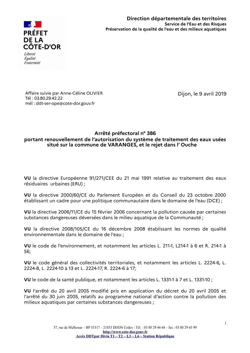 Arrêté Préfectoral N°386 Du 9/04/2021 Portant Renouvellement De L