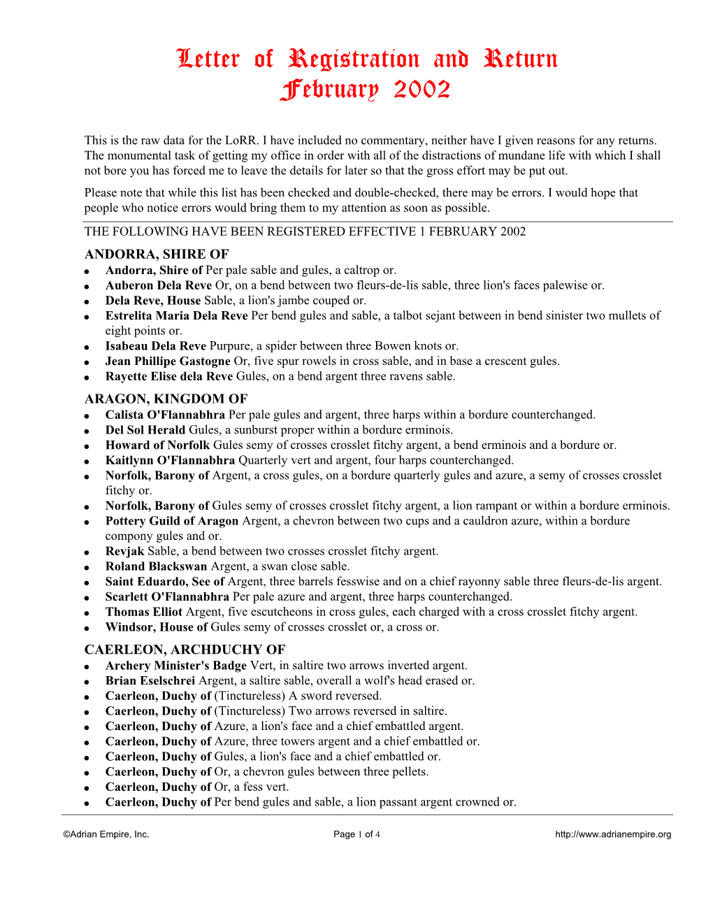 Letter of Registration and Return February 2002