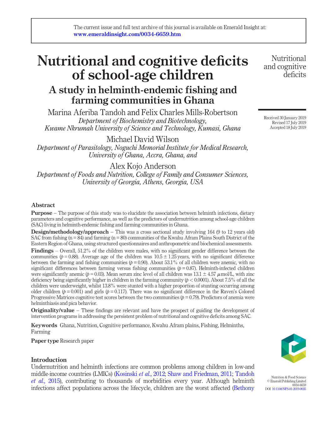 Nutritional and Cognitive Deficits of School-Age Children a Study In