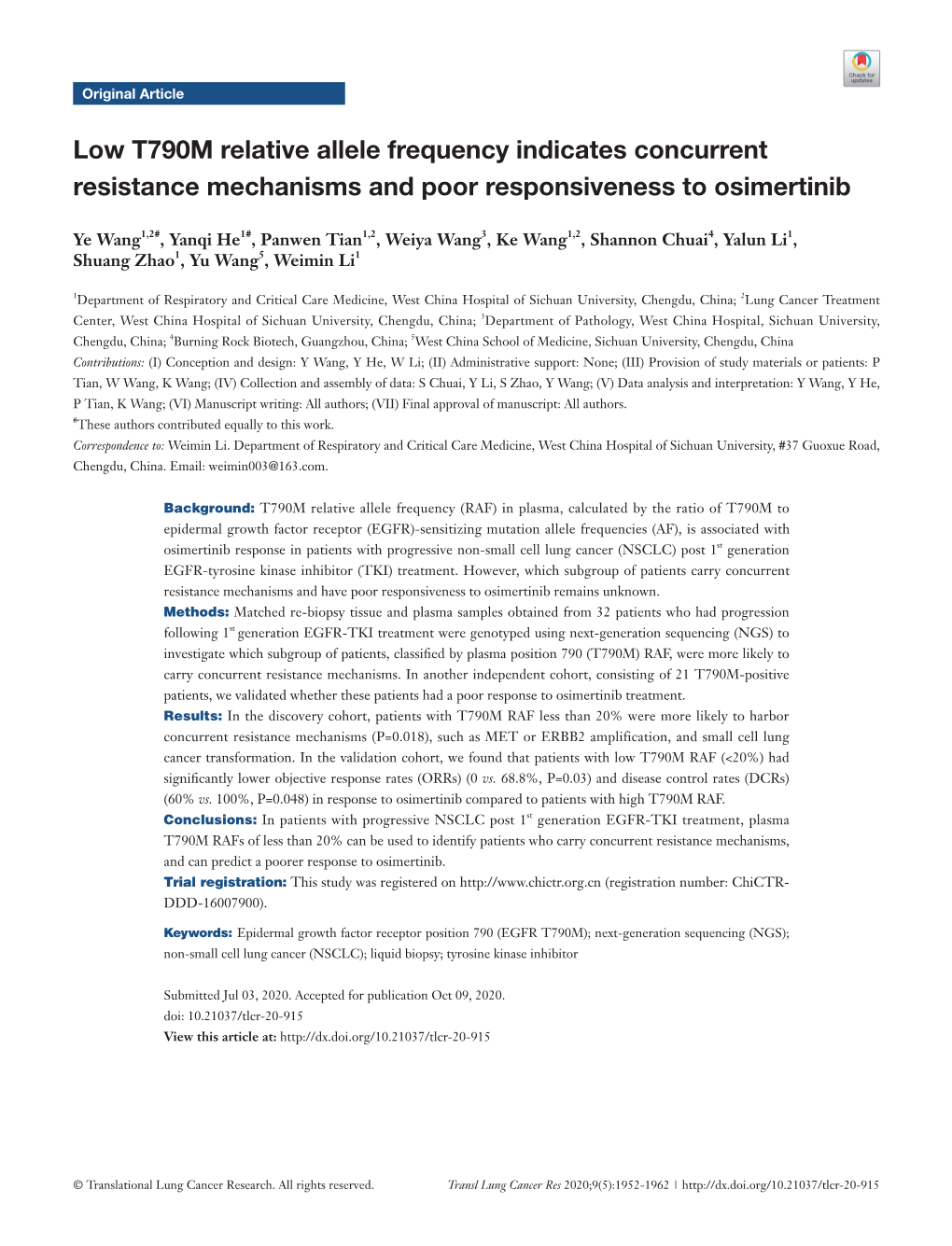 Low T790M Relative Allele Frequency Indicates Concurrent Resistance Mechanisms and Poor Responsiveness to Osimertinib