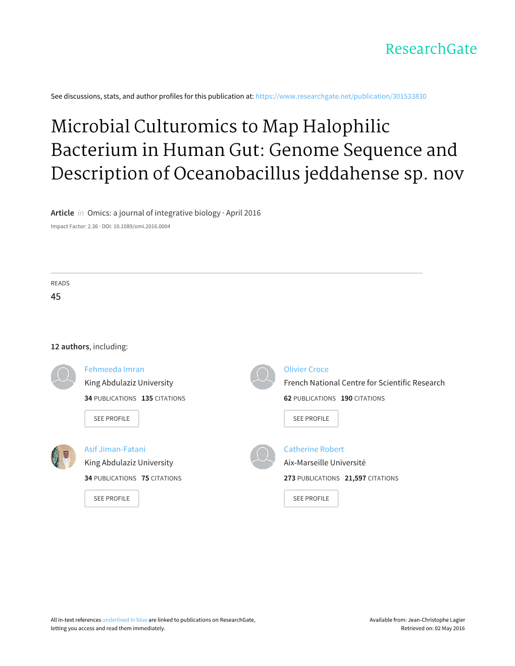 Microbial Culturomics to Map Halophilic Bacterium in Human Gut: Genome Sequence and Description of Oceanobacillus Jeddahense Sp
