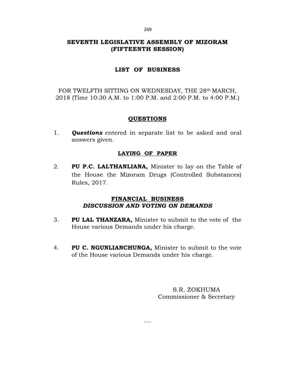 Seventh Legislative Assembly of Mizoram (Fifteenth Session)