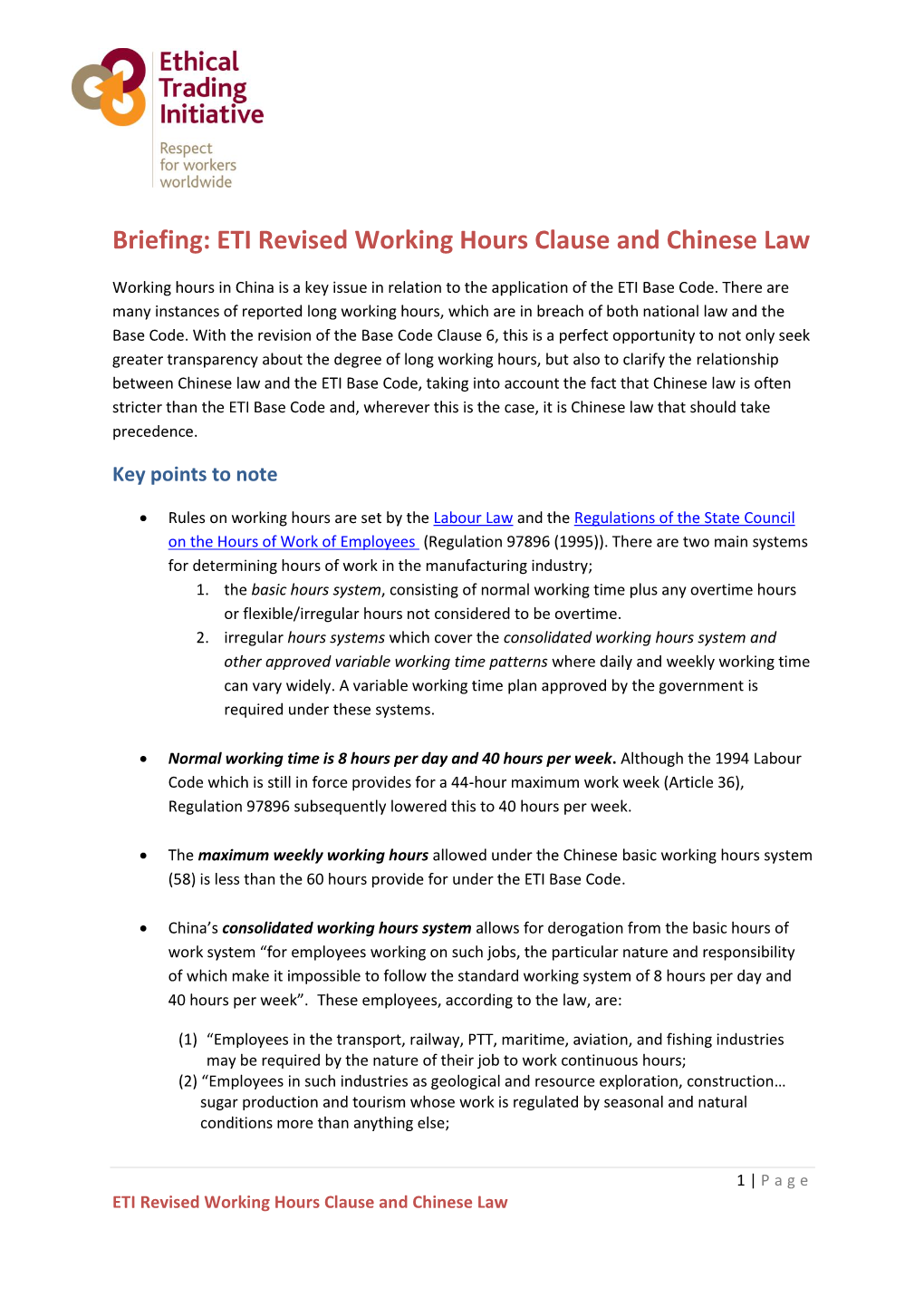 Briefing: ETI Revised Working Hours Clause and Chinese Law