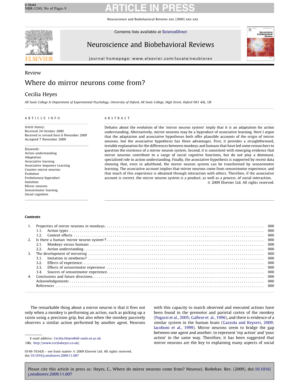 Where Do Mirror Neurons Come From?.Pdf