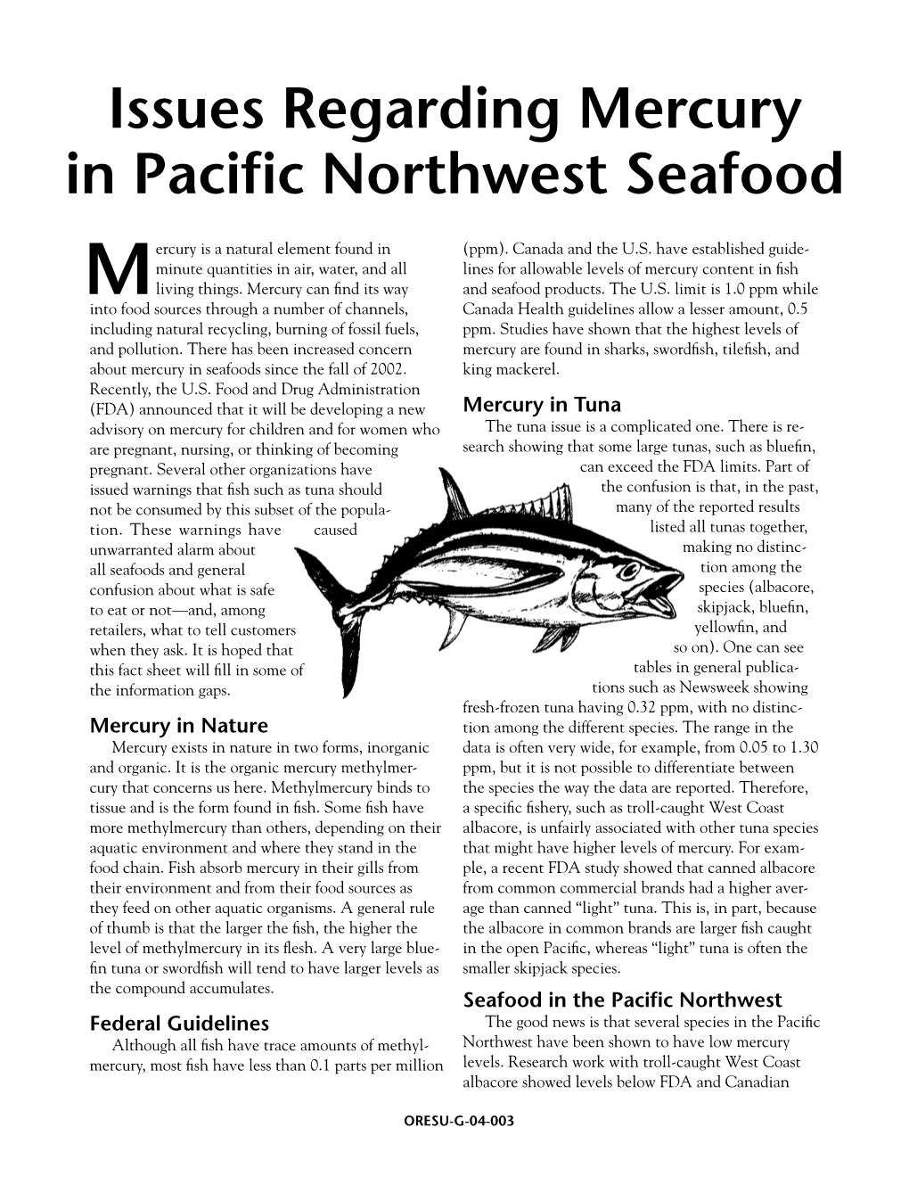 Issues Regarding Mercury in Pacific Northwest Seafood