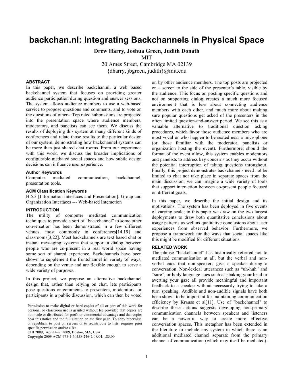 Backchan.Nl: Integrating Backchannels in Physical Space