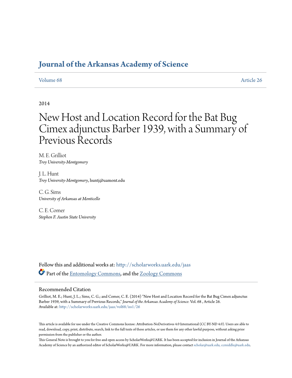 New Host and Location Record for the Bat Bug Cimex Adjunctus Barber 1939, with a Summary of Previous Records M