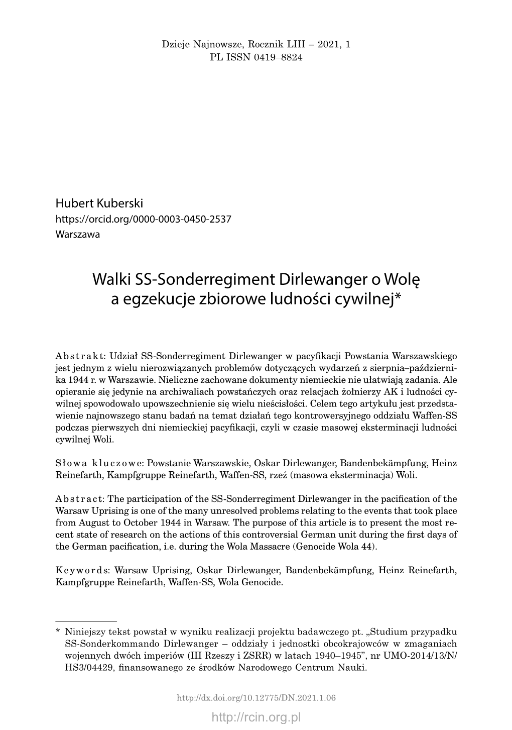 Walki SS-Sonderregiment Dirlewanger O Wolę a Egzekucje Zbiorowe Ludności Cywilnej*